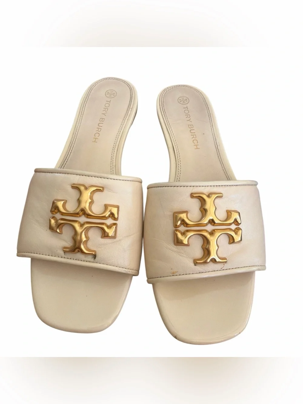 Tory Burch Cream Leather Slide Sandals with Gold Emblem